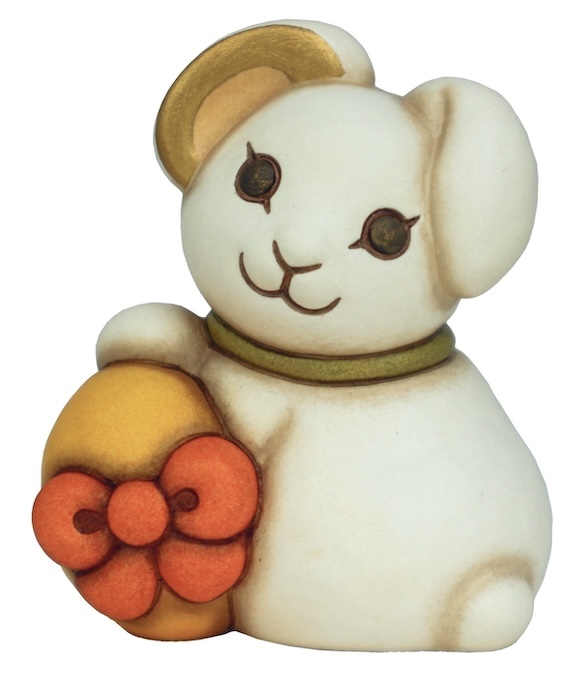 Coniglietta Joy con uovo in ceramica Sorprese di Pasqua, piccola. Misura L 6,7 x P 6 x H 8 cm. Prezzo 29,90 euro.